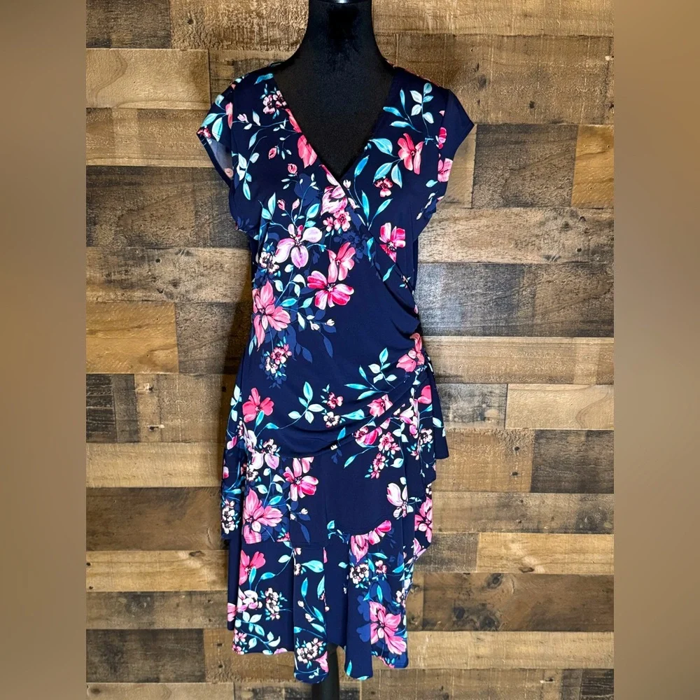Robbie Bee Women's Navy Blue Pink Floral V Neck Dress Ruffled Size L AB 531 - Picture 1 of 7